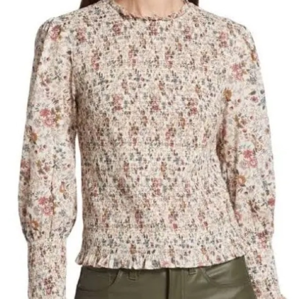 Veronica Beard Cream Floral Smocked Long-Sleeve Top